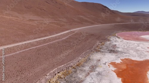 Aerial view of the vividly colored Laguna Colorada contrasting with the stark desert landscape and winding dirt road, Laguna Colorada, Bolivia.