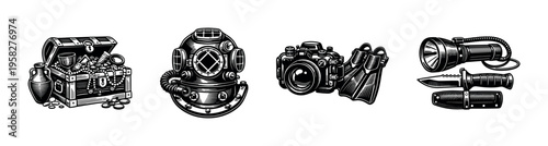 Vintage diving and adventure gear illustration collection in black and white silhouette style