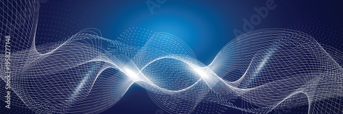 Abstract digital wave background with glowing data particles, futuristic blue technology grid, sound wave and AI network concept illustration