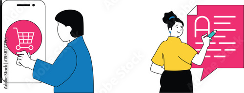 Digital shopping and online security illustration with two individuals