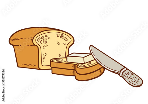 Brick of white bread and slices next to butter and a butter knife isolated on a white background