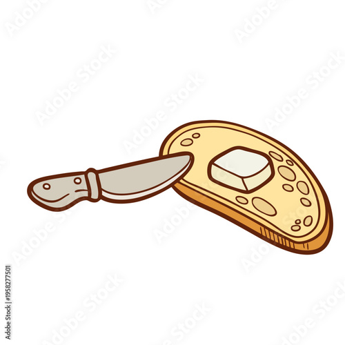 Slice of white bread with butter and a butter knife nearby isolated on a white background