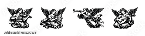 Black and white angel silhouettes with musical instruments vector illustration
