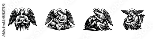 Black and white angel silhouette collection with wings in various poses clipart illustration