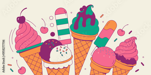 Ice cream cones and popsicles with cherries in a playful summer illustration with vibrant colors and a light background