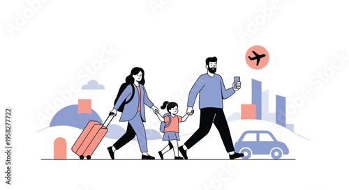 Vector illustration of family with luggage walking to city