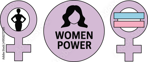 Female empowerment icons, women power text and girl silhouette symbols, leadership, coaching, and feminist movement concepts, minimal vector illustration for social media and campaigns.