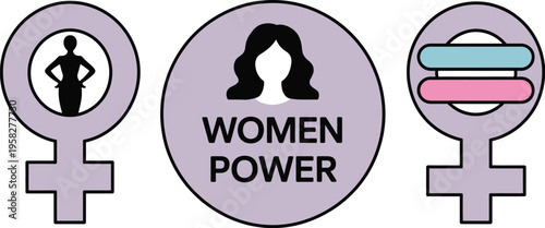 Female empowerment icons, women power text and girl silhouette symbols, leadership, coaching, and feminist movement concepts, minimal vector illustration for social media and campaigns.