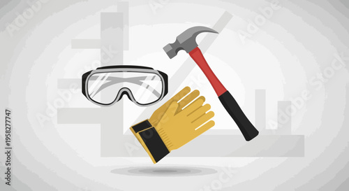 Construction Safety Gear and Tools Illustration Featuring Hammer, Protective Goggles, and Work Gloves on Abstract Blueprint Background