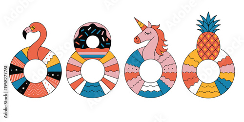 Inflatable pool floats collection with flamingo, donut, unicorn, and pineapple designs in vibrant colors.