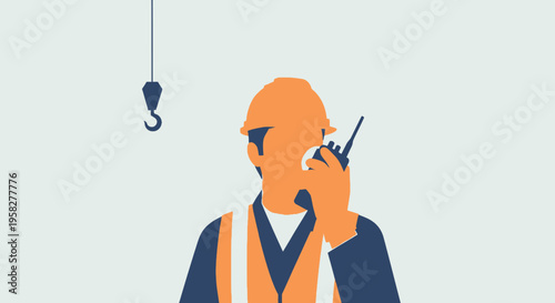 Construction Worker Using Walkie-Talkie on Building Site, Vector Illustration of Engineer in Hard Hat and Safety Vest