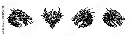 Dragon head silhouettes in black and white, mythical creature vector illustration, tattoo design elements