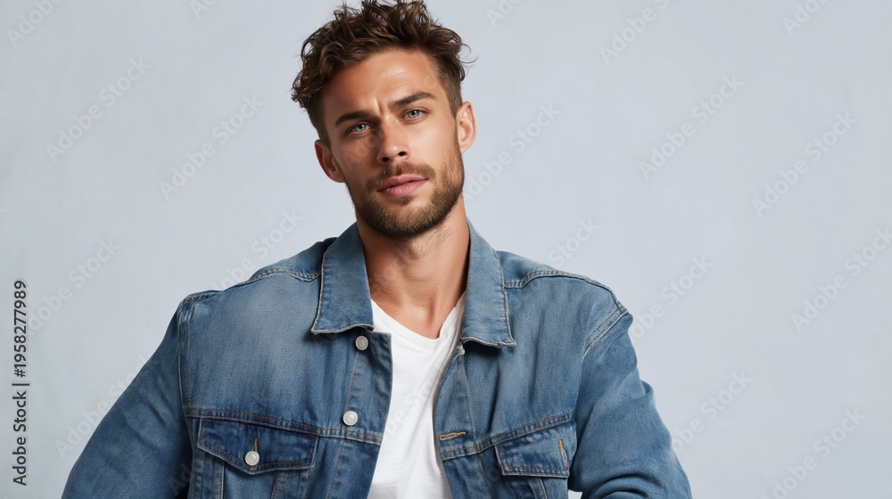 Obraz premium Gen Z style and confidence showing a young man in a denim jacket and white t-shirt Youth culture and modern fashion trends advertising editorial or social media content The portrait is shot.