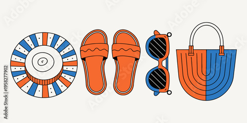 Summer accessories including a patterned straw hat, orange flip-flops, sunglasses, and a blue and orange tote bag are displayed on a light background.