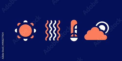 Sun heatwave and thermometer icons with wavy lines and cloud for summer weather forecast, simple flat design