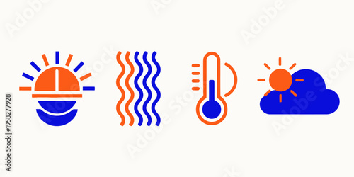 Weather icons including sun, heat waves, thermometer, and sun behind clouds, in simple graphic style.