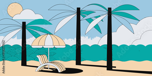 Beach scene with palm trees, chaise lounge, and umbrella under a sunny sky with clouds and turquoise ocean waves.