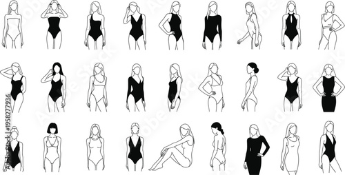 Fashion swimwear and dress illustration set, bikini, one-piece, stylish women poses, garment design, clothing catalog, modern apparel collection
