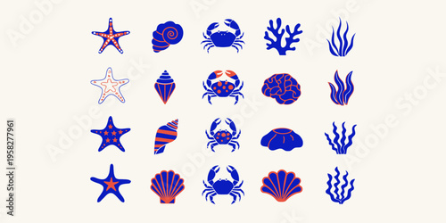 Starfish, seashells, crabs, coral, and seaweed icons in a blue and red marine set for summer and ocean themes.