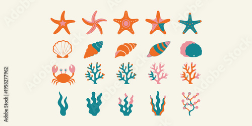 Starfish, shells, coral, seaweed, and crab icons in a marine theme set with bright colors on a light background, featuring diverse undersea elements.