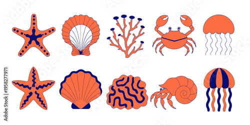 Marine life vector icons including starfish, seashells, coral, crabs, and jellyfish in a blue and orange color scheme.