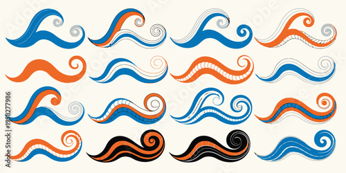 Waves decorative shapes including stylized curls in blue, orange, black, and gray color schemes for design elements.