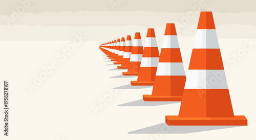 Minimalist Illustration of Orange and White Safety Cones in a Receding Row, Road Construction and Safety Concept