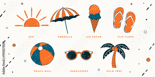 Summer vacation icons featuring a sun, umbrella, ice cream, flip flops, beach ball, sunglasses, and palm tree on a light background.