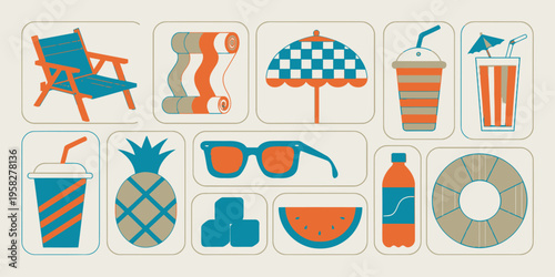 Summer icons set with lounge chair, umbrella, drinks, sunglasses, pineapple, watermelon, and ice cubes for poolside relaxation.