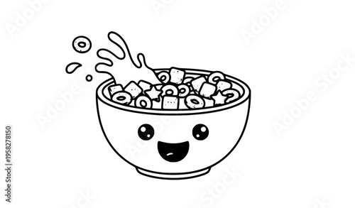 Cute cereal bowl with milk cartoon breakfast food vector illustration