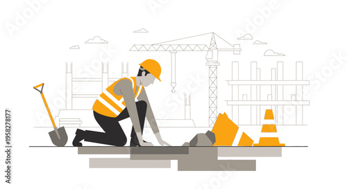 Construction Worker in Safety Gear Working on Site Illustration with Crane and Scaffolding Background