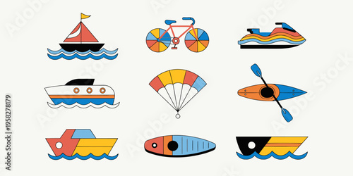 Transportation icons featuring a sailboat, speed boat, yacht, bicycle, jet ski, kayak, surfboard, and parachute for summer travel activities