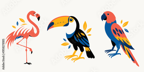 Birds tropical set including flamingo, toucan, and parrot with colorful feathers and foliage elements