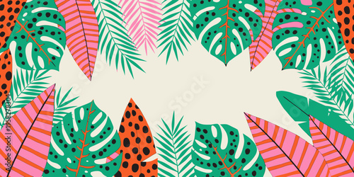 Tropical botanical leaves composition with vibrant green palm fronds and monstera plant elements, forming a natural jungle border on white.