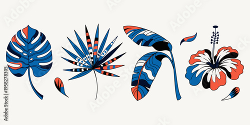 Tropical botanical vector set including monstera leaves, palm fronds, and other exotic foliage elements for design