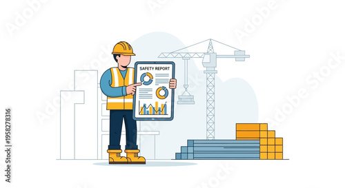 Construction Engineer Holding Digital Tablet with Safety Report and Analytics on Construction Site Background