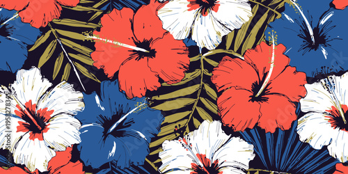 Tropical floral pattern with vibrant hibiscus flowers and lush palm leaves, perfect for summer textile and wallpaper designs.