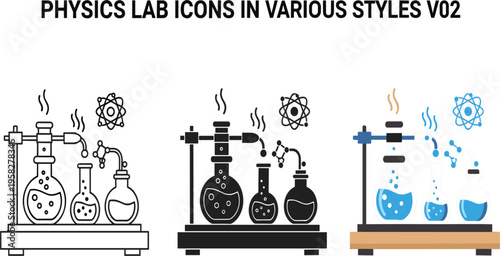 Physics Lab Icons in Various Styles Vector Set Featuring Laboratory Glassware, Atom Symbols, Chemical Apparatus, and Experiment Equipment Designs