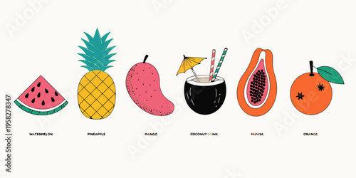 Watermelon slice and pineapple fruit illustration with refreshing green leaves and vibrant yellow tropical colors.