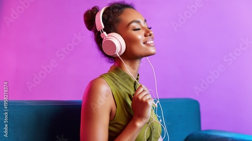 Relaxation and mindfulness through music A young woman is listening to music with headphones enjoying the sound and finding stress relief.