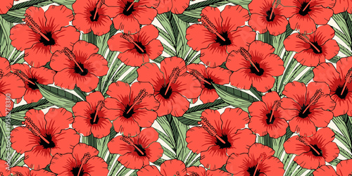 Tropical floral pattern featuring hibiscus flowers and palm leaves, rendered in a vibrant, seamless design ideal for summer textiles or wallpapers.
