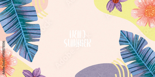 Creative concept of summer bright with abstract tropical leave background. Modern art  pattern minimalist style design. Suit for poster, cover, banner, web