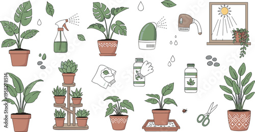 Indoor Plant Care and Houseplant Illustration Set with Watering, Humidifier, Spray Bottle, Tools and Home Gardening Elements