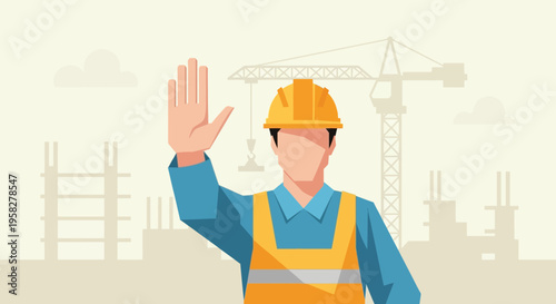 Construction Worker Showing Stop Hand Gesture at Building Site, Safety First Concept Flat Vector Illustration