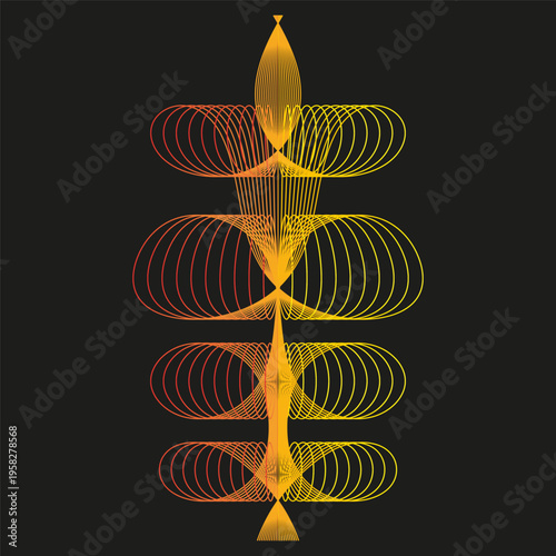 Abstract linear flower. Orange gradient Vector. Symmetric line art. Solid black background. Manual vector only. No autotrace used.