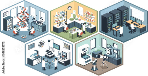 Isometric Science Laboratory Vector Illustration Set Featuring Research Labs, DNA Analysis, Chemistry Experiments, Server Room, Microscopy, and Astronomy Observation