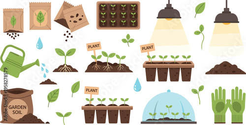 Indoor Gardening and Seedling Care Illustration Set with Grow Lights, Seed Trays, Watering, Soil and Planting Equipment