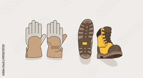 Construction Personal Protective Equipment (PPE) Vector Illustration - Leather Work Gloves and Industrial Safety Boots