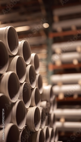 Stacked industrial pipes reveal textures within a warm lit warehouse storage scene