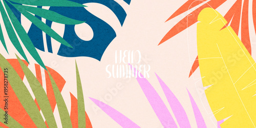 Creative concept of summer bright with abstract tropical leave background. Modern art  pattern minimalist style design. Suit for poster, cover, banner, web